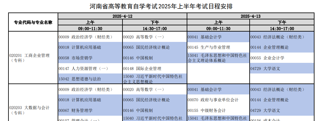 2025年河南自考考试安排