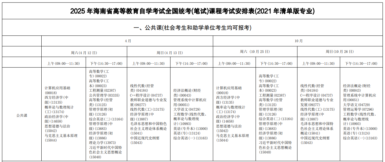 2025年下半年海南自考考试安排通知